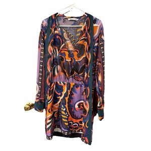 Zara Pucci Mini Dress Scarf Neck Tie Multi Color Print Florals Long Sleeve Sz M